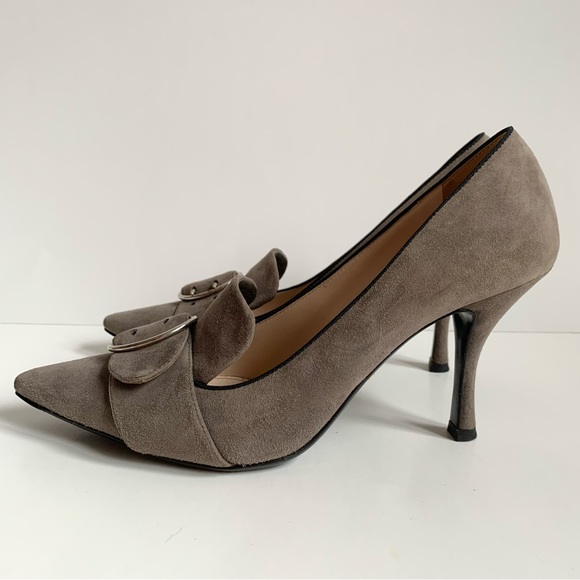 Prada Mid Heel Pointed Loafer Pump with Buckle Grey - Picture 5 of 17